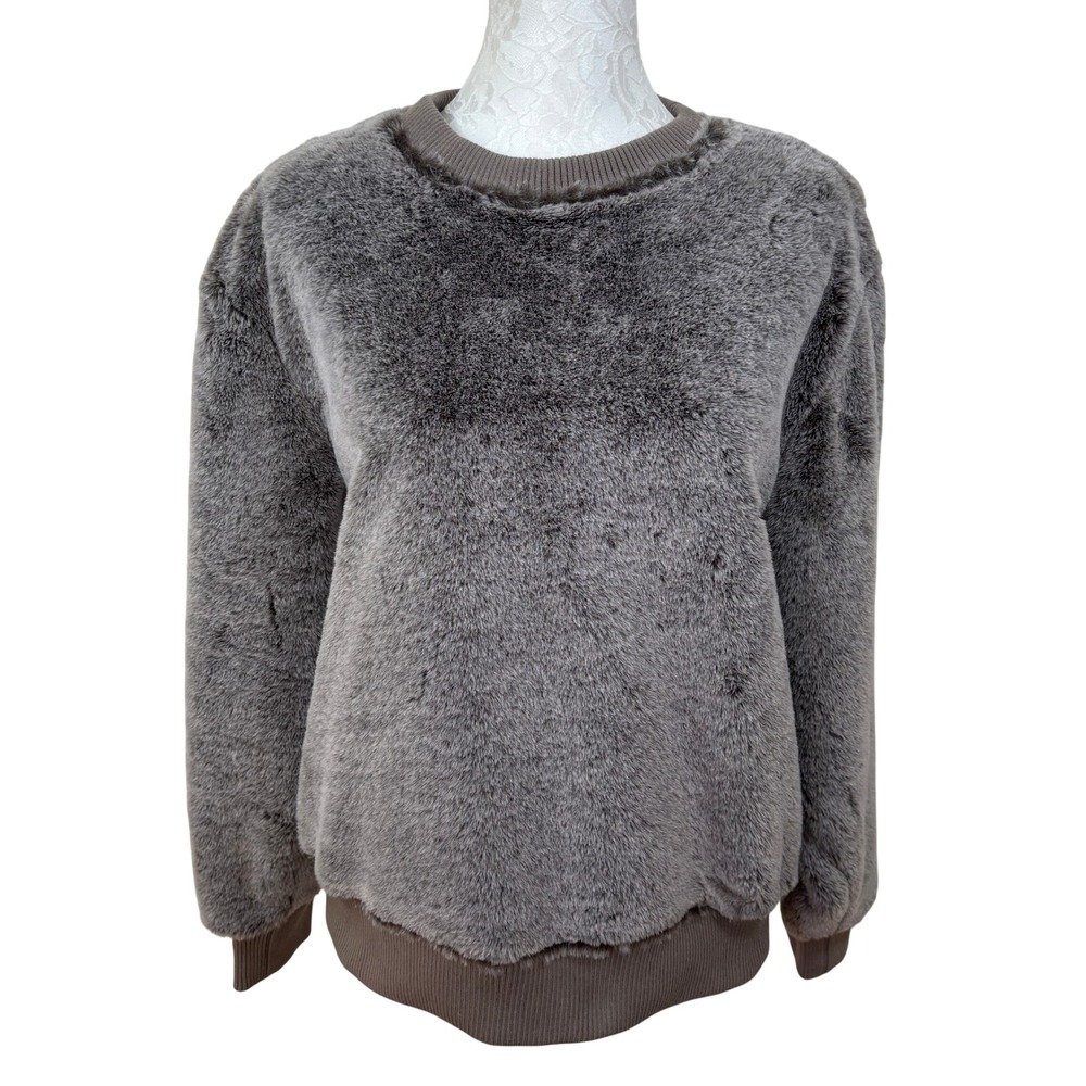 Dylan Cozy Taupe Faux Fur Plush Fleece Crewneck Pullover Sweatshirt Womens Small